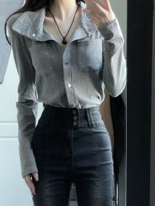 Áo Sơ Mi Dài Tay Thanh Lịch Cho Nữ Mùa Thu 2024 Áo Sơ Mi Cổ Polo Màu Trơn Dáng Ôm Vừa Vặn Thời Trang Nữ