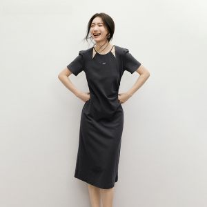 Red Sleeve Summer New Womens Bubble Sleeve Waist Cinching round Neck Pullover Dress H Version Short Sleeve mid Length Skirt