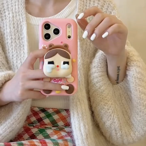 3D Telescopic Stand Cartoon Crying Baby Pink Silicone Phone Case for iPhone 17 16 15 14 13 Pro Max Casing Soft Silicone Cover for iPhone 17 Pro Max Case