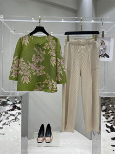 Spring Summer Print Fashion Set Gift for Mom Birthday Traditional Chinese Style Pleated Polyester Womens Set over 35 Years Old