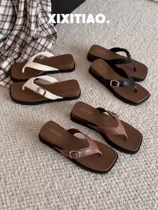 XIXITIAO | Dép Xỏ Ngón Mùa Hè Chống Trượt Kiểu Cổ Điển Đế Vuông Có Khóa Kim Loại