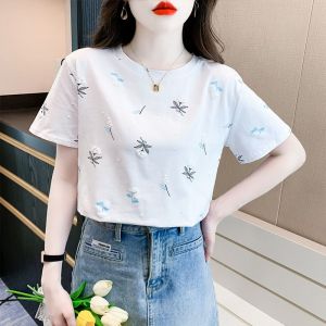 Printed Short Sleeved T-shirt Womens New Versatile T-shirt Loose Ins Round Neck Top