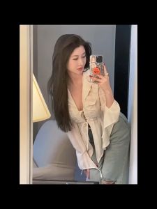 Yoohui XF032 Atasan Sifon Gaya Baru Kemeja Putih Gadis Seksi Temperamen Kemeja Lengan Panjang Hitam Antik Baju Crop Top T-shirt Aprikot Wanita Musim Dan Musim Gugur Ramping Atasan Desain Tidak Beraturan Kerah Lonceng Kerah Gaya