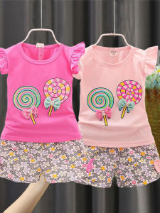 Girls Summer Outfit Cotton Blend Short Sleeve Two Piece Set Breathable Moisture Wicking Quick Dry Lightweight Baby Girl Clothes