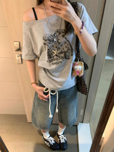 Retro American Shoulder T-Shirt Women Summer Letter Print Versatile Shoulder Bared Short Sleeve Spicy Girl Casual Loose Top