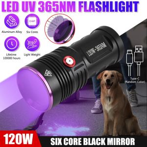 High Power 365nm UV Flashlight 120W LED Black Mirror Purple Light Ultraviolet Torch Pet Urine Stains Detector USB Rechargeable