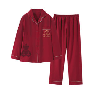 miiow | Newlywed Couple Red Cotton Pajamas Set For Spring Autumn Cotton Long Sleeve Sleepwear Home Clothes Matching Men Women