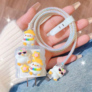 5pcs Charger Cable Protective Case Set Cartoon Rainbow Bear Charger Head Cord Winder Protective Cover For iPhone 16 17 18W/20W