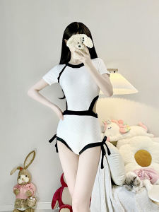 Womens One-Piece Swimsuit Black White Splice Beach Thermal Spring Butterfly Knot Slimming Young Girl Korean Style Swimming Suit