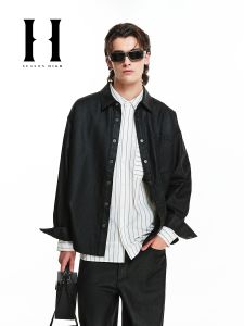 SEASON HIGH | Glossy Coated Collar Design Hem Arc Jean Jacket