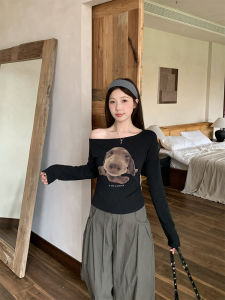 Korean Style Floral Print One Shoulder Long Sleeve Womens Base Layer Slimming Top Autumn New Arrival Casual Creative Design