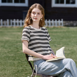 XIANGYING | Striped Fringe Lightweight Knit Women T-Shirt