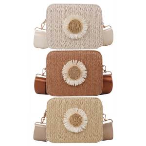 【New Arrival】 Women Single Shoulder Bag Straw Plaited Ladies Sunflower Bag Adjustable Shoulder Straps Solid Color Zipper Closure Classic Style for Travel