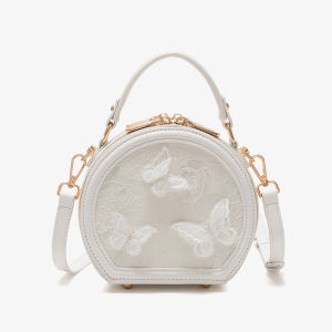 New Chinese Style Embroidered Small round Bag Womens Handbag Crossbody Shoulder Bag Soft Handle Polyester Lining Zipper Closure