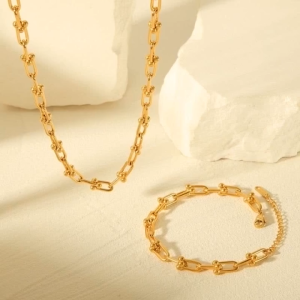 Womens Geometric Design Necklace Bracelet Gold Womens Non-Allergenic Jewelry Set