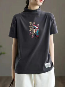 Womens Pure Cotton Short Sleeve T-shirt Loose Artistic Spring Summer Half High Neck Printed Bodysuit Oversize Cotton Top