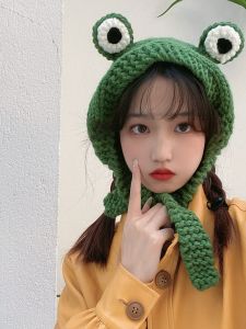 Cute Korean Style Green Knitted Acrylic Fiber Hat with Eaves for Shopping and Youth Suitable for All Seasons