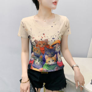 Yimei 2025 Quần Áo Mùa Hè thời trang mới Động Vật Định Vị áo in hình tay ngắn tính cách thanh lịch ôm vừa cổ tròn Áo Thun Nữ