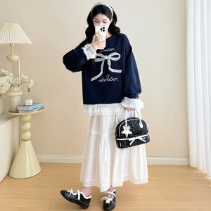 กระโปรงสั้นทรงเอเอวสูงสำหรับคุณแม่ตั้งครรภ์ ฤดูใบไม้ผลิและฤดูใบไม้ร่วง ผ้าฝ้ายผสมลูกไม้ แขนยาว ชุดสองชิ้น