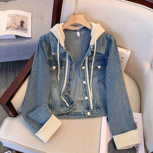 Womens Hooded Denim Jacket Short Casual Splicing Thin Coat Spring Autumn New Style Small Size Ladies Cotton Button up Jacket