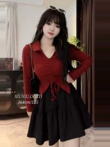 ชุดแฟชั่นสองชิ้นสำหรับผู้หญิงไซส์ใหญ่ ชุดเดรสกระโปรงจีบแขนยาวคอวี ชุดฤดูใบไม้ผลิและฤดูใบไม้ร่วง