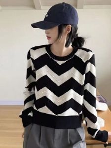 Áo Len Dệt Kim Dài Tay Cổ Tròn Thời Trang Phong Cách Hàn Quốc Mùa Thu 2025 Áo Len Nữ Màu Tương Phản Sóng Đính Hạt