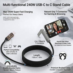 240W Fast Charging Cable 2-in-1 Type C to C Cord Foldable Bracket Desktop Stand Data Line for iPhone 17 16 Samsung Phones