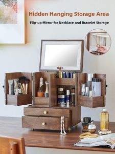 Large Capacity Wooden Cosmetic Storage Box with Mirror Desktop Makeup Desk Dustproof Cover Retro Style Rectangular Shelf for Skin Care