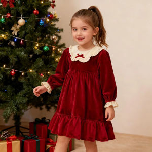 Christmas New Baby Girls Dress Winter Velvet Clothes Kid Girl Party Dress Red Bow Kids Clothing Princess Children Dresses Girls