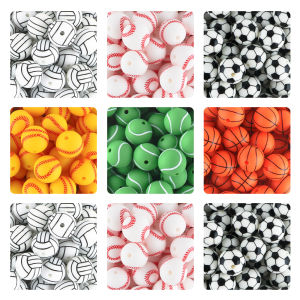 10Pcs Printed Silicone Beads 15MM Round Soccer Baseball Tennis Basketball Bead DIY Necklace Bracelets Jewelry Accessories