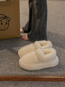 Giày Đế Dày Màu Trắng Đính Ngọc Trai Cho Nữ Mùa Thu Đông Đế Ngoài Lông Cừu Đế Cao Su Đế Phẳng Đế Tròn Đế Phẳng Đế Cao Su