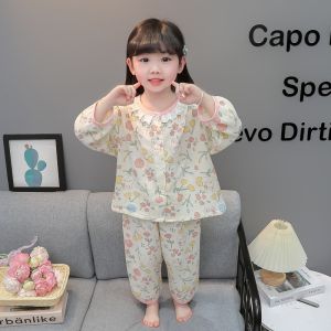 Girls Cotton Pajamas Long Sleeve Thin Yarn Cardigan Home Clothes Spring Autumn Cute Style Breathable Moisture Wicking round Neck Single Button