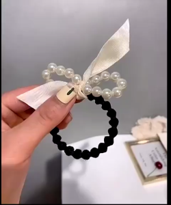 Ikat Kunciran Rambut Karet Pita Aksen Mutiara Ala Korea Mewah / Karet Pita Mutiara