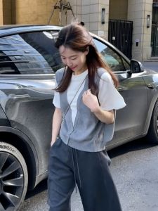 Áo Len Dệt Kim Màu Xám Cỡ Lớn Phong Cách Hàn Quốc Áo Thun Tay Ngắn Giả Hai Mảnh Rộng Rãi Cho Phụ Nữ Béo Phì Áo Thun Thường Ngày Mùa Hè