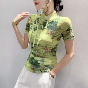 Fashionable Printed Mesh T-Shirt Womens Short Sleeve Summer New Style Retro Button Stand Collar Top Trendy Small Shirt
