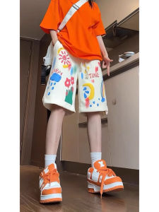 กางเกงขาสั้นลำลองสไตล์อเมริกันสำหรับผู้ชายในช่วงฤดูร้อน กางเกงขายาวทรงหลวมๆ สีสันสดใส ลายการ์ตูน ผ้าฝ้ายระบายอากาศได้ดี