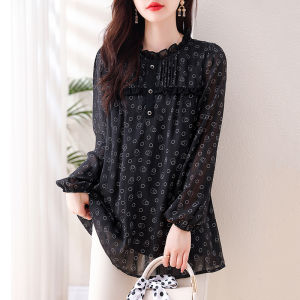 เสื้อเชิ้ตผ้าชีฟองพิมพ์ลายขนาดใหญ่สำหรับผู้หญิง แขนยาว ทรงหลวม ทรงพอดีตัว ทรงคลาสสิก แขนยาวปานกลาง เสื้อผ้าทำงานสไตล์เกาหลี