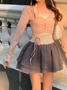 ชุดสามชิ้นแขนยาวคอวีลายดอกไม้สไตล์เกาหลีสำหรับผู้หญิงไซส์ใหญ่ ชุดกระโปรงสั้นแขนกุดคอวีทรงเข้ารูป