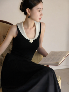XXNING | French Style Contrast Collar Crochet Long Dress