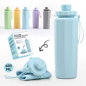 600ML Collapsible Water Bottle Silicone Foldable Water Cup Outdoor Sports Leakproof Reusable Kettle for Travel Camping Yoga