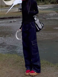 ชุดทํางานสีน้ําเงินเข้มขากว้าง กางเกง ผู้หญิง 2024 อินเทรนด์ กางเกงยีนส์ ยาว กางเกงขายาว หลวม พรางหุ่น ตัดตรง กางเกงลำลอง