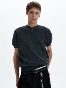 MADWITCH | Henley Collar Knitted Short Sleeve T-shirt