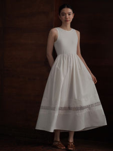hacikis | Lace Trim Spliced Stretch Sleeveless Fitted A-Line Long Slimming Womens Dress