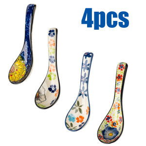 4 Ceramic Breakfast Spoons with 4 Different Patterns For Milk Dessert Salad and Coffee