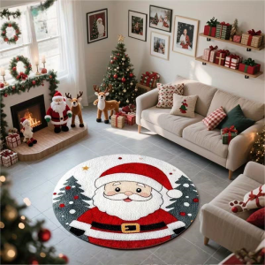 Thảm Trải Sàn Hình Tròn VIKAMA Xmas Santa Chống Trượt Cho Phòng Ngủ Lối Vào Phòng Ăn - Trang Trí Nhà Cửa Làm Bằng Chất Liệu Nỉ Chống Trơn Trượt Chống Phai Màu