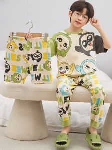 Miiow | Pure Cotton Childrens Sleepwear Short Sleeve Pants Set Boys Cartoon Home Clothes Suitable For Outdoor Wear Summer Collection