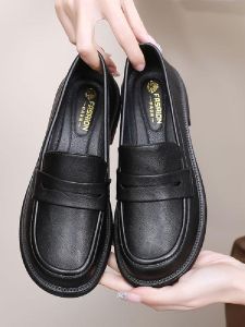 รองเท้า Loafers สำหรับผู้หญิง ทรงหัวมน พื้นนุ่ม ด้านหลังสูง รองเท้าทำงานในครัว รองเท้าส้นแบน สีดำ ฤดูใบไม้ร่วง 2024 รองเท้าส้นแบนแบบสวมสบาย