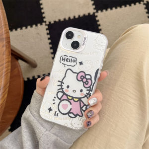 Cartoon Silver Phone Case for iPhone 15 pro Max Apple 14 plus Cute Kitty Cat Design Shockproof Couples Phone Cover Acrylic Material