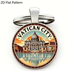 1PC Vintage Vatican City Round Keychain 2D Glass Dome Metal Pendant Catholic Rome Travel SouvenirUnique Vatican Keepsake