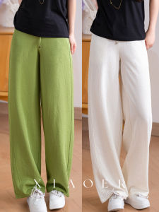 XIAOER | Quần Tây Dáng Thẳng Dây Co Giãn Chất Liệu Linen